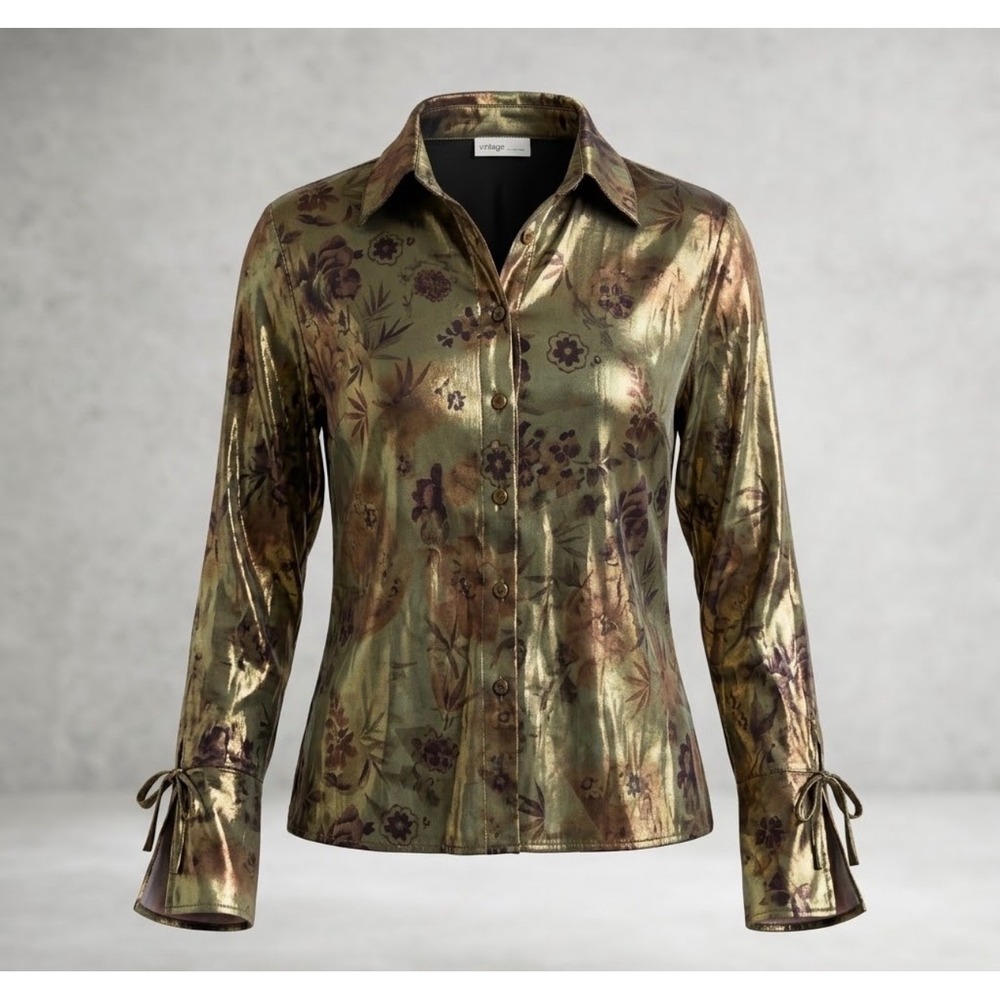 VTG 90s Y2K Metallic Baroque Whimsigoth Button Down Top Fairy Grunge Sz M